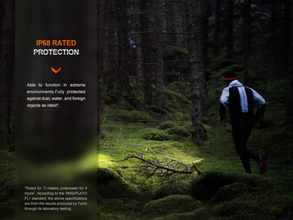 Fenix HM62-T lightweight headlamp from Fenix Store, IP68 rated, worn by trail runner in forest on Tampa Home & Garden Store