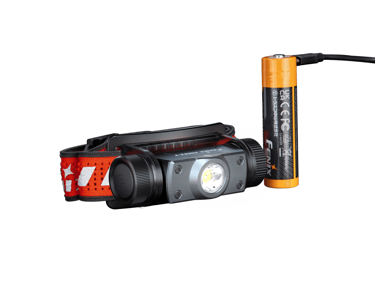 Fenix HM62-T two-piece headlamp set with orange battery and gray front unit on red strap on Tampa Home & Garden Store
