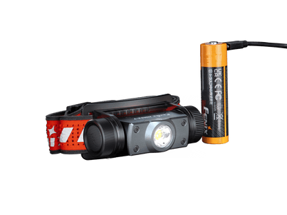 Fenix HM62-T two-piece headlamp set with orange battery and gray front unit on red strap on Tampa Home & Garden Store