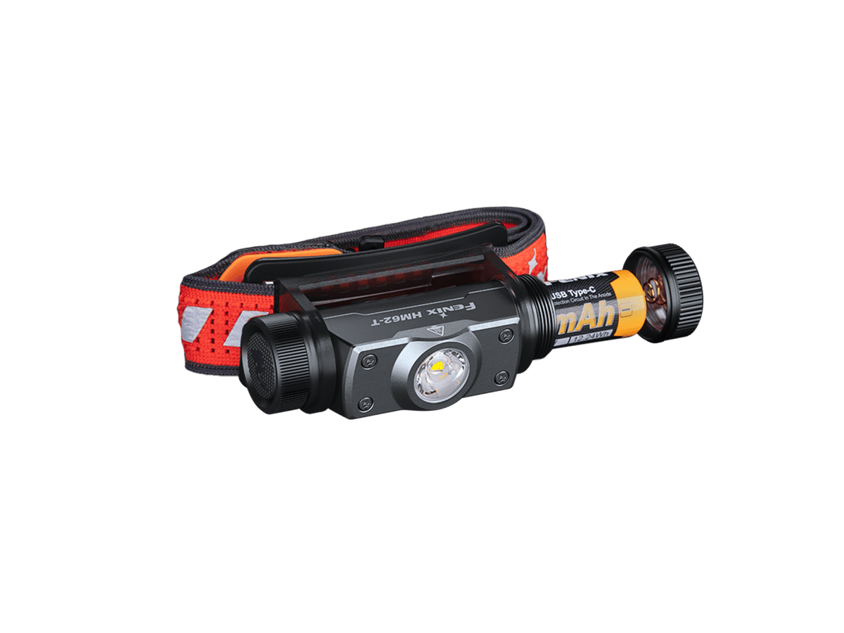 Fenix HM62-T headlamp with orange rechargeable battery pack and red/black strap, front dual LEDs on Tampa Home & Garden Store