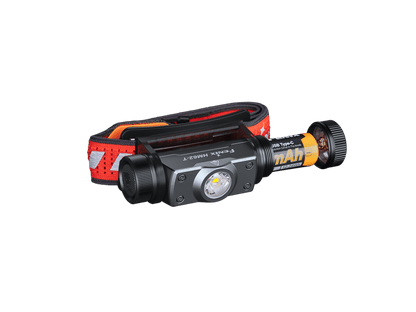 Fenix HM62-T headlamp with orange rechargeable battery pack and red/black strap, front dual LEDs on Tampa Home & Garden Store