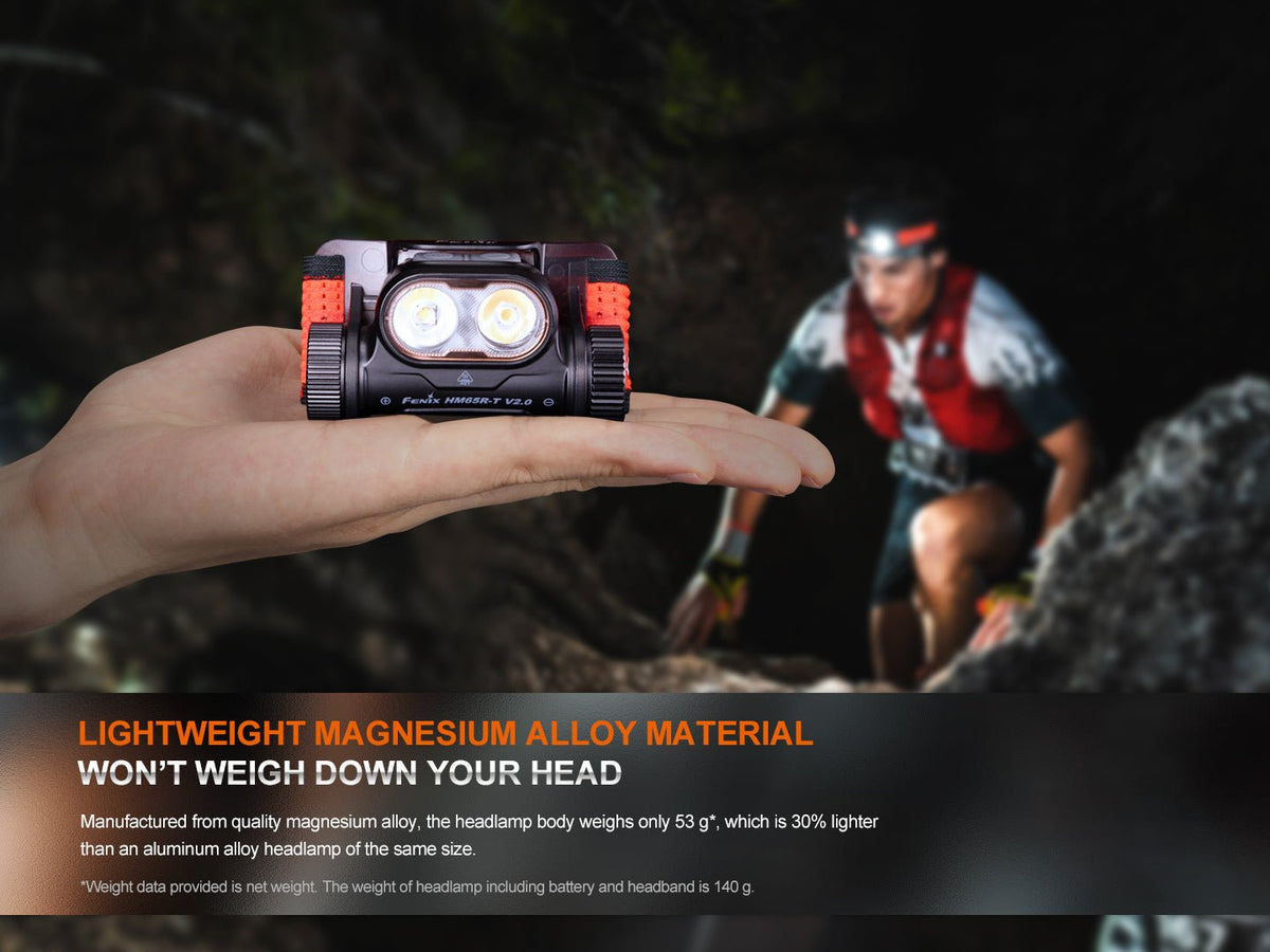 Fenix HM65R-T V2 headlamp with dual LEDs, black magnesium body and orange strap on a palm on Tampa Home & Garden Store
