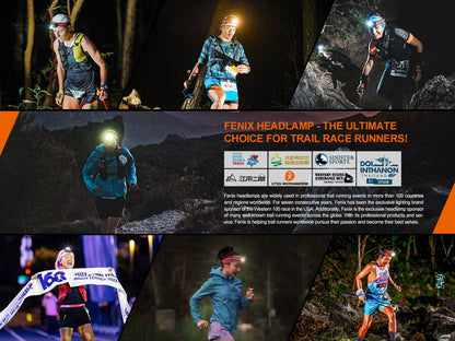 Fenix HM65R-T V2 rechargeable lightweight trail running headlamp in a montage by Fenix Store on Tampa Home & Garden Store