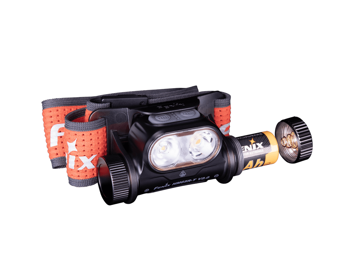 Fenix HM65R-T V2.0 rechargeable headlamp with orange strap and dual LEDs on Tampa Home & Garden Store