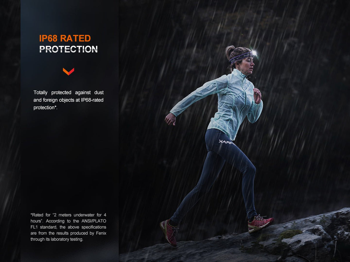Fenix HM65R-T V2 headlamp, rechargeable trail running light worn by runner in rain on Tampa Home & Garden Store