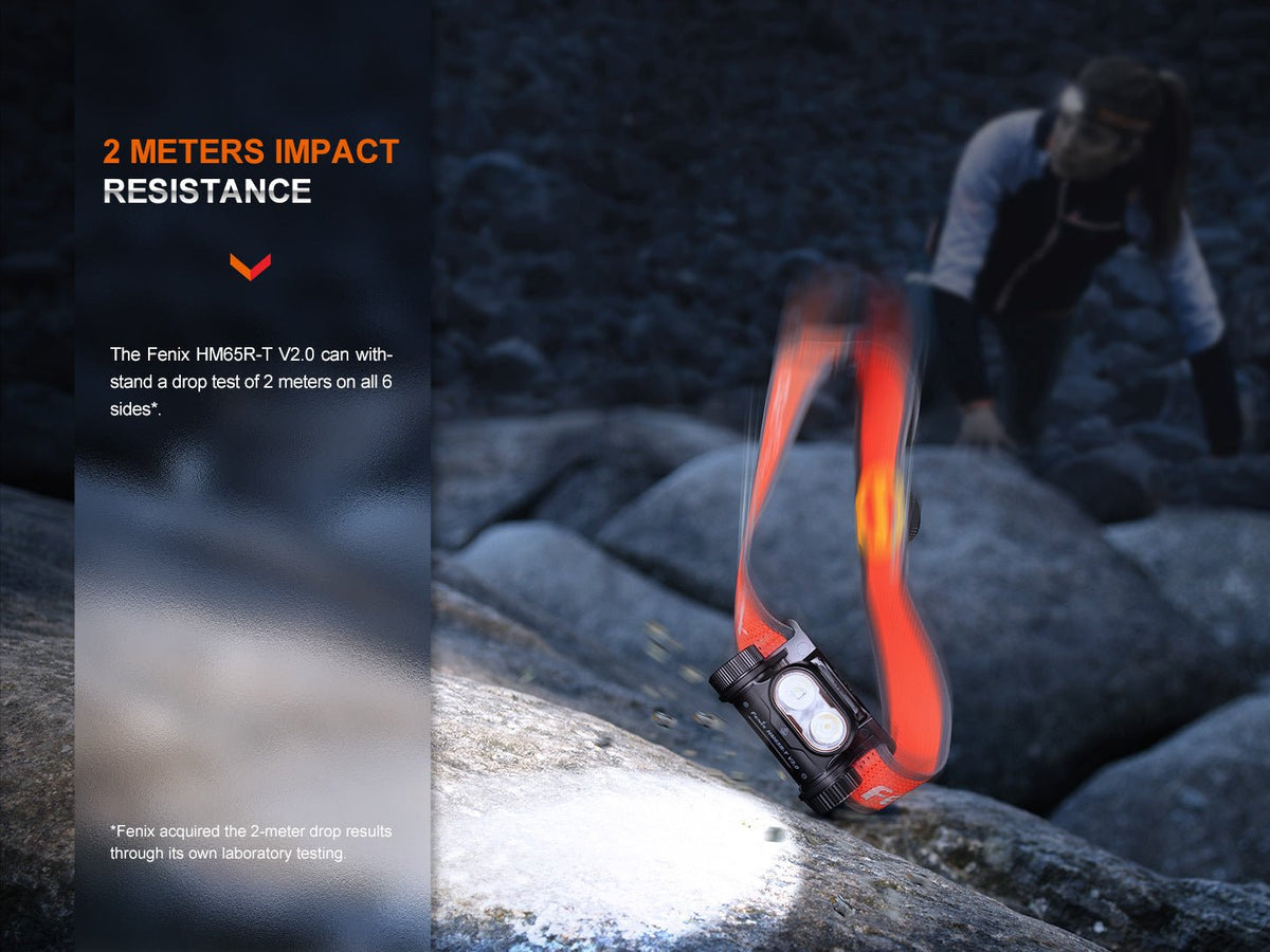 Fenix HM65R-T V2 rechargeable headlamp with orange strap and dual LEDs on rocky trail on Tampa Home & Garden Store