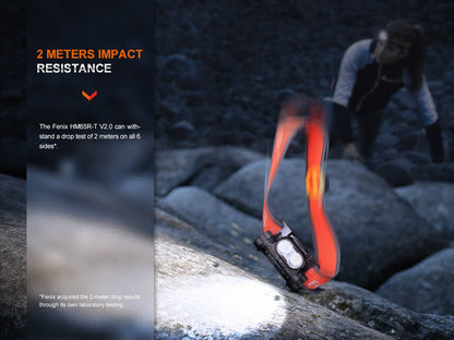Fenix HM65R-T V2 rechargeable headlamp with orange strap and dual LEDs on rocky trail on Tampa Home & Garden Store