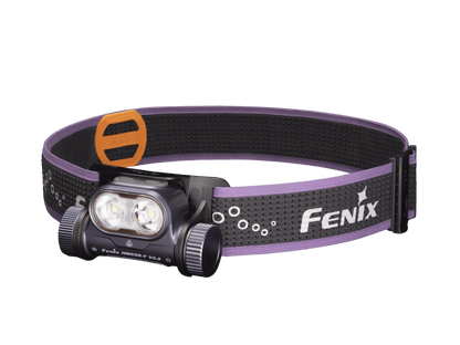 Headlamp Fenix HM65R-T V2.0 with dual LEDs on black-purple strap and orange buckle on Tampa Home & Garden Store