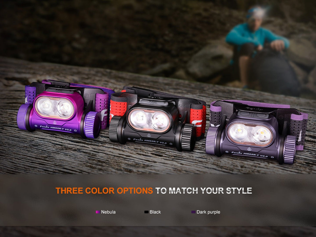 Fenix HM65R-T V2 rechargeable headlamp trio in nebula, black and dark purple with straps on Tampa Home & Garden Store