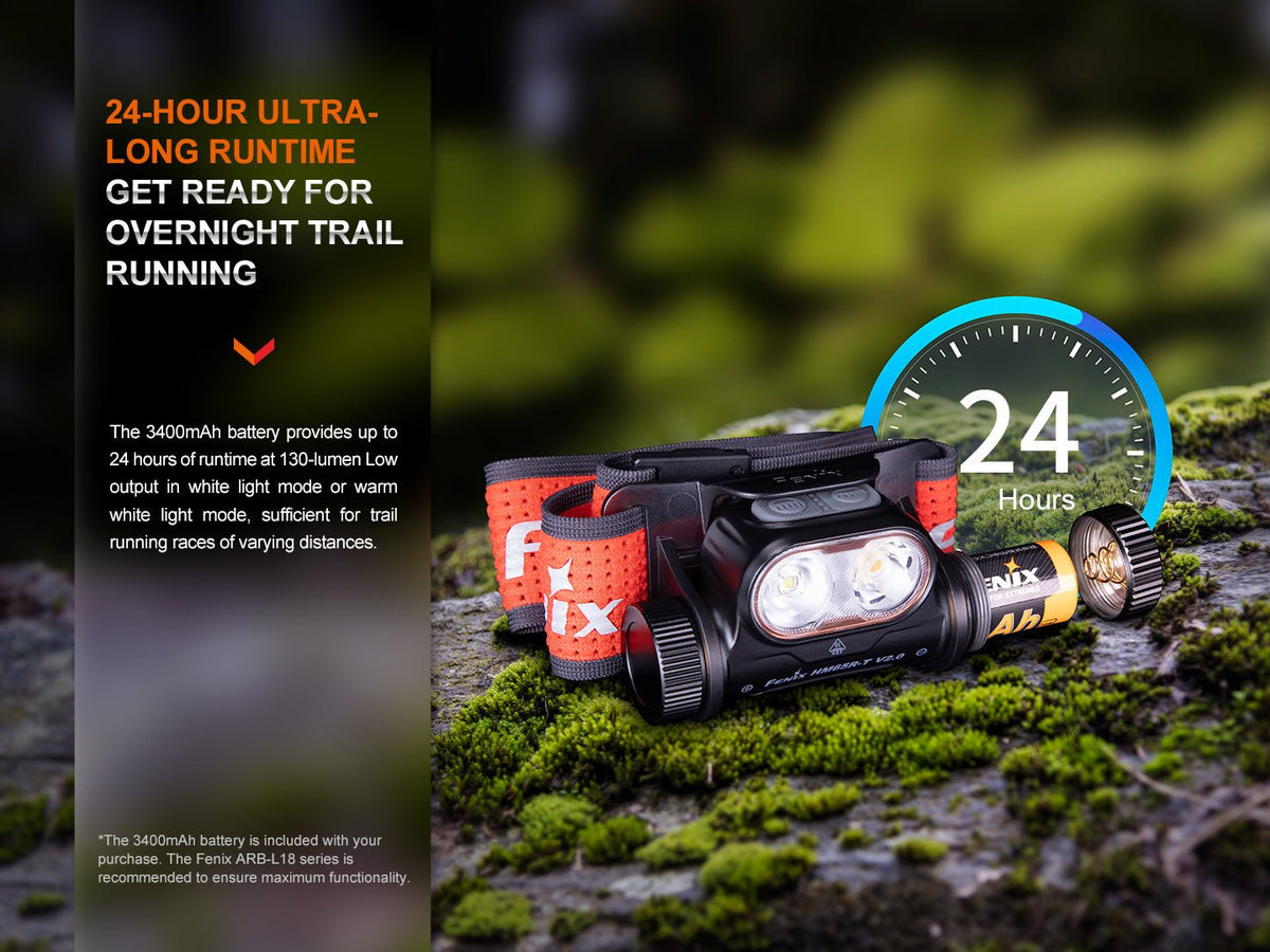 Headlamp Fenix HM65R-T V2 rechargeable with orange strap and dual LEDs on a trail on Tampa Home & Garden Store