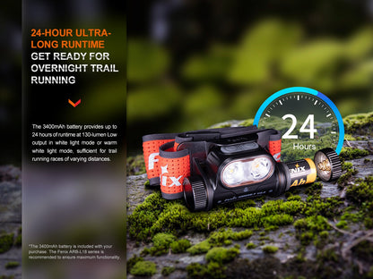 Headlamp Fenix HM65R-T V2 rechargeable with orange strap and dual LEDs on a trail on Tampa Home & Garden Store