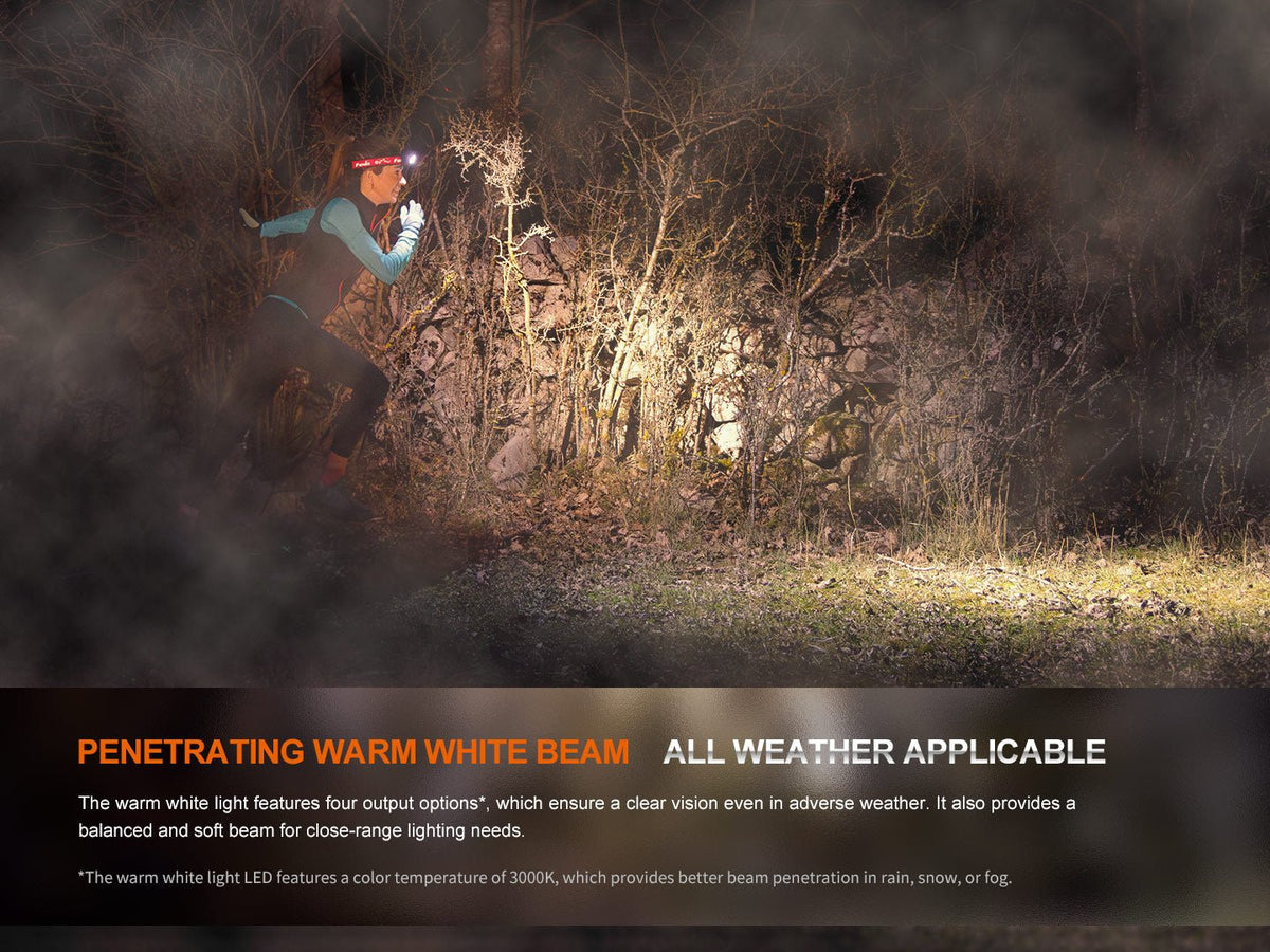 Fenix HM65R-T V2 headlamp worn by a night trail runner with warm white beam for all weather on Tampa Home & Garden Store