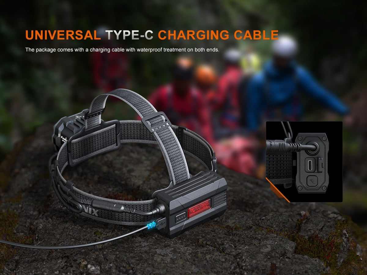 Fenix HP35R headlamp on adjustable black headband with battery pack and USB-C charging indicator on Tampa Home & Garden Store