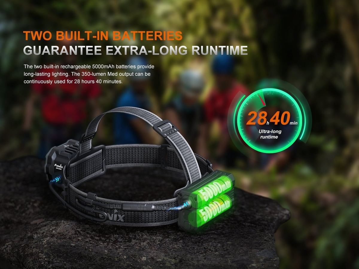 Fenix HP35R headlamp with black strap and two green 5000mAh batteries on Tampa Home & Garden Store