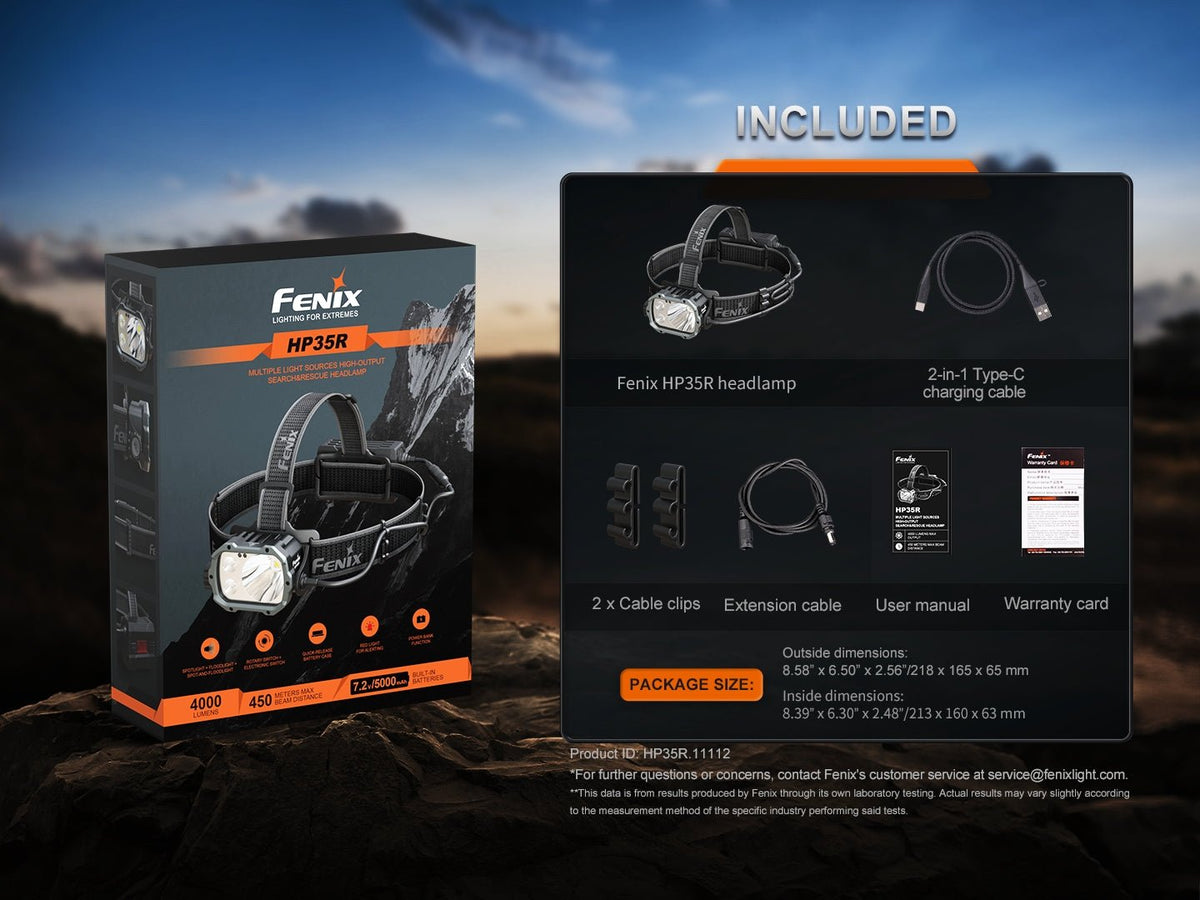 Fenix HP35R headlamp packaging in black orange box with included charging cable, clips on Tampa Home & Garden Store