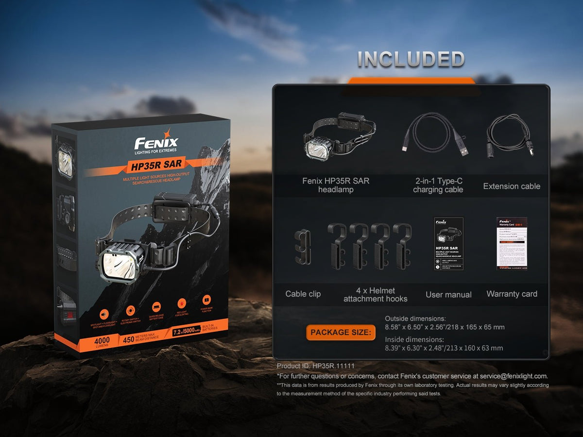 Fenix HP35R SAR headlamp with Type-C charging cable, extension cable, and 4 helmet hooks on Tampa Home & Garden Store