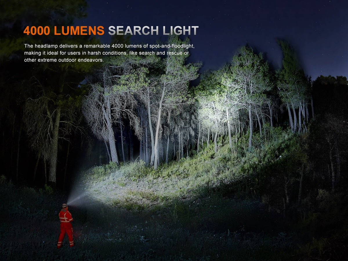 Fenix HP35R headlamp lights a nighttime forest while a rescuer in red safety gear surveys area on Tampa Home & Garden Store