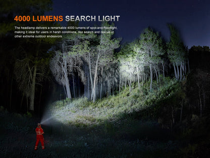 Fenix HP35R headlamp lights a nighttime forest while a rescuer in red safety gear surveys area on Tampa Home & Garden Store