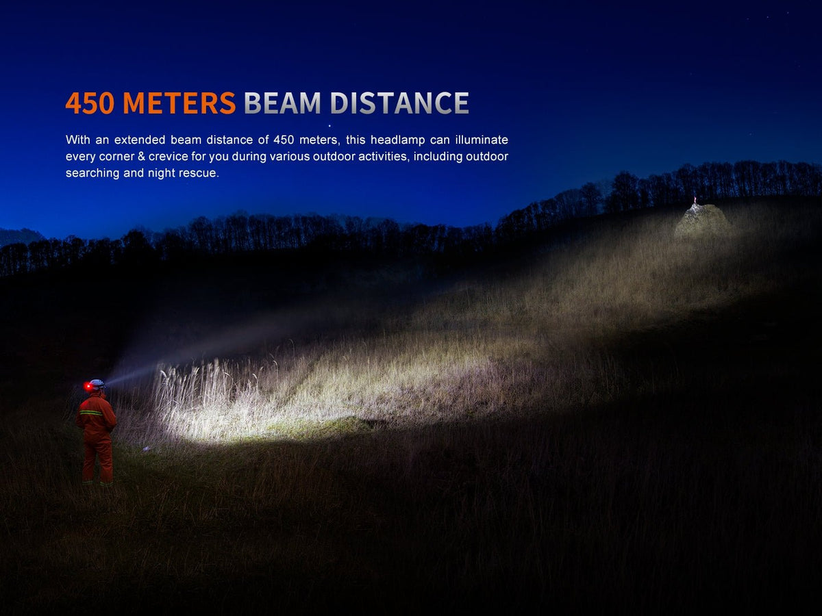 Fenix HP35R Search and Rescue Headlamp beam across hillside with rescue worker in orange gear on Tampa Home & Garden Store