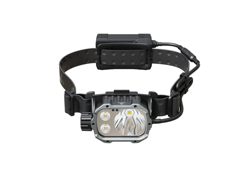 Fenix HP35R search and rescue headlamp with external battery pack on an adjustable black headband on Tampa Home & Garden Store