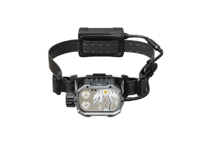 Fenix HP35R search and rescue headlamp with external battery pack on an adjustable black headband on Tampa Home & Garden Store