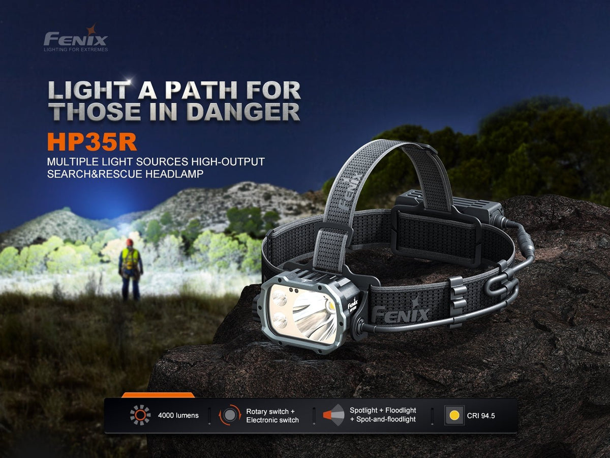 Fenix HP35R headlamp with rugged gray body and dual-LED front on adjustable strap on Tampa Home & Garden Store