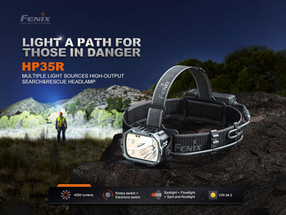 Fenix HP35R headlamp with rugged gray body and dual-LED front on adjustable strap on Tampa Home & Garden Store