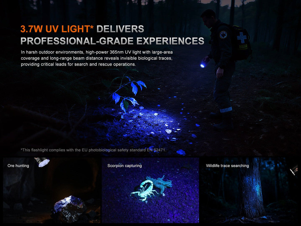 Fenix LR35R PRO rechargeable palm-sized searchlight with blue beam in a dark forest scene on Tampa Home & Garden Store