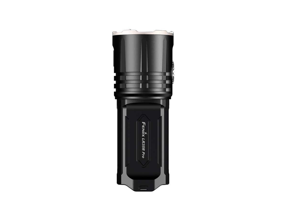 Fenix LR35R Pro rechargeable handheld searchlight head close-up with silver bezel and black body on Tampa Home & Garden Store