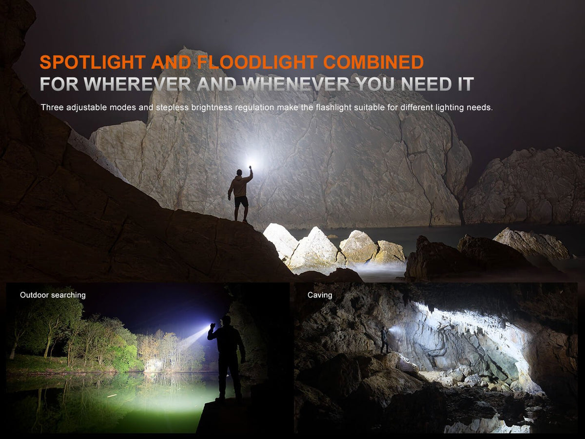 Fenix LR35R PRO rechargeable palm-sized searchlight by Fenix Store in outdoor and cave scenes on Tampa Home & Garden Store