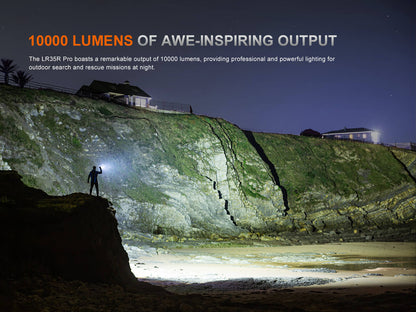 Fenix LR35R PRO rechargeable palm-sized searchlight handheld torch on night beach scene on Tampa Home & Garden Store