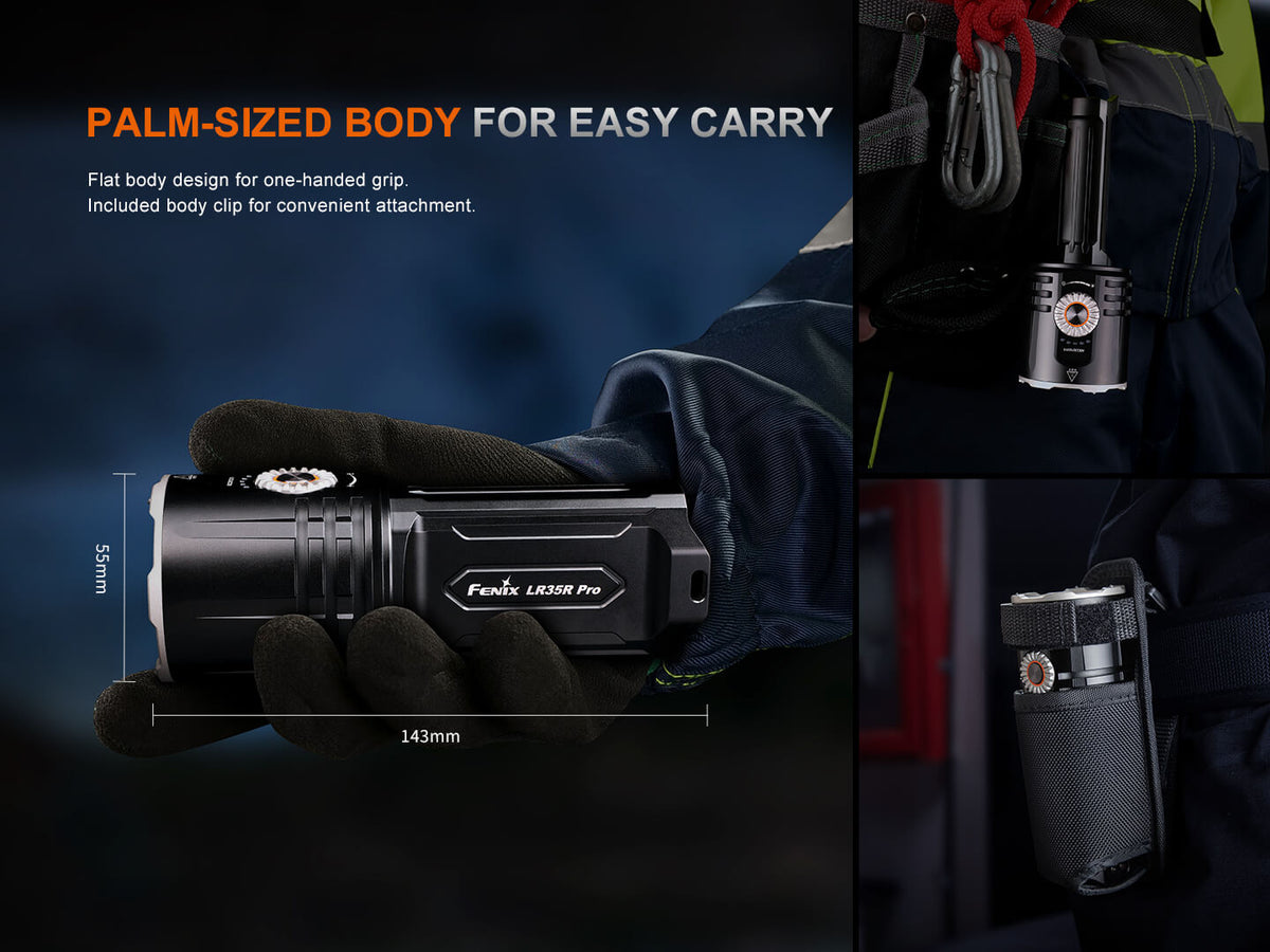 Fenix LR35R Pro palm-sized handheld searchlight in black with orange dial, 143mm length on Tampa Home & Garden Store
