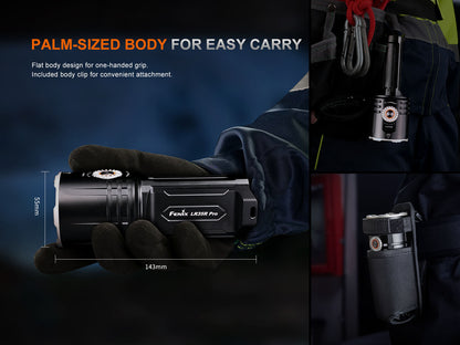 Fenix LR35R Pro palm-sized handheld searchlight in black with orange dial, 143mm length on Tampa Home & Garden Store