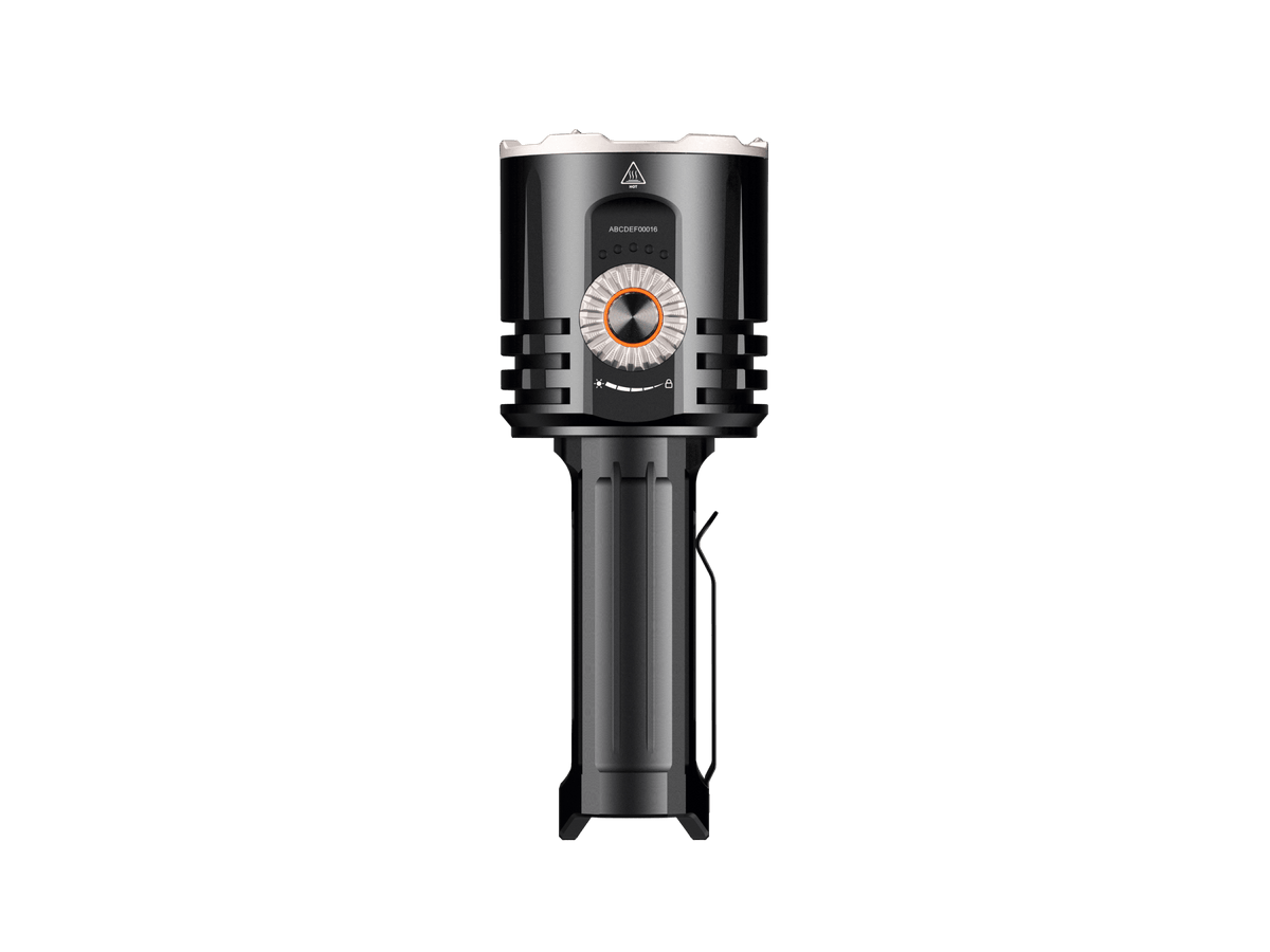 Fenix LR35R PRO rechargeable palm-sized searchlight with orange ring dial and black body on Tampa Home & Garden Store