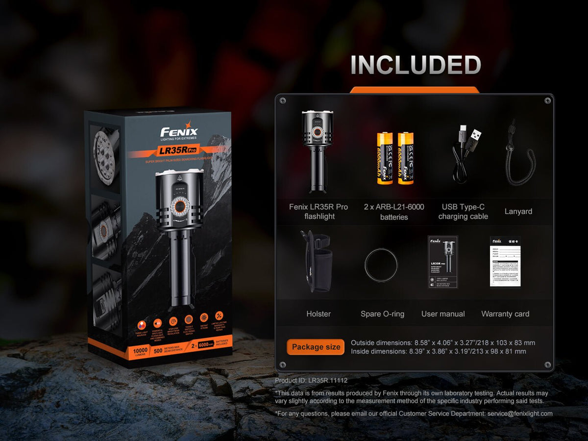 Fenix LR35R Pro palm-sized searchlight black with orange ring includes 2 ARB-L21-6000 batteries USB-C cable on Tampa Home & Garden Store