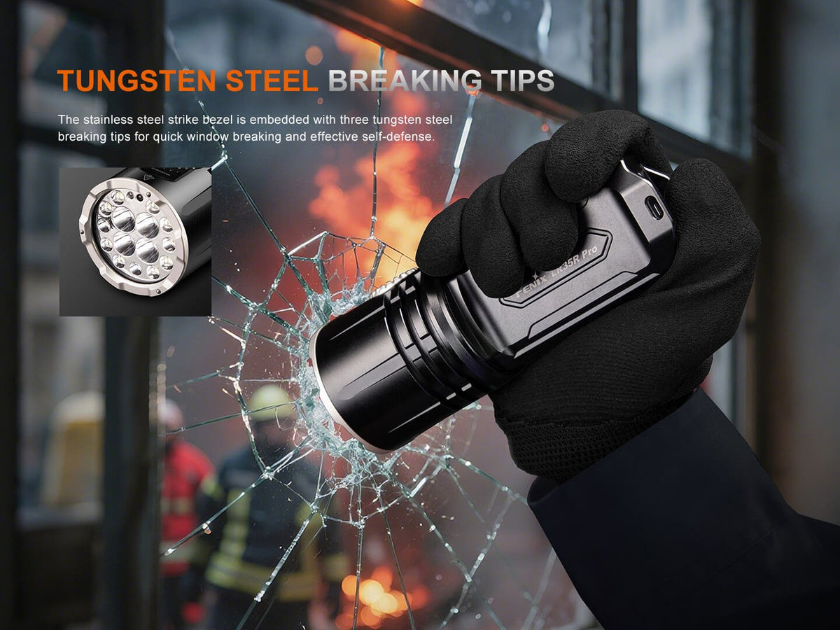 Fenix LR35R Pro rechargeable palm-sized searchlight, black handheld torch, held in a gloved hand on Tampa Home & Garden Store
