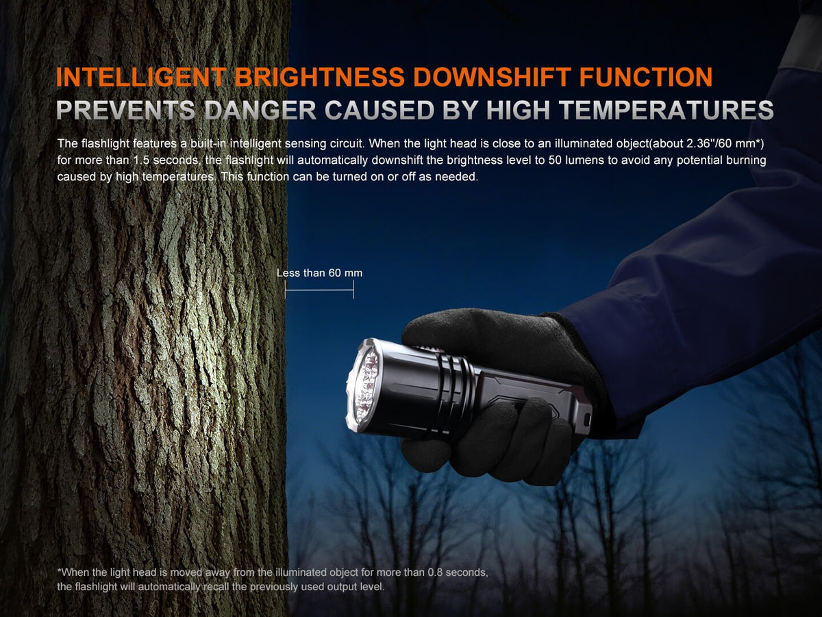 Fenix LR35R PRO handheld searchlight, black/silver palm-sized rechargeable torch on Tampa Home & Garden Store