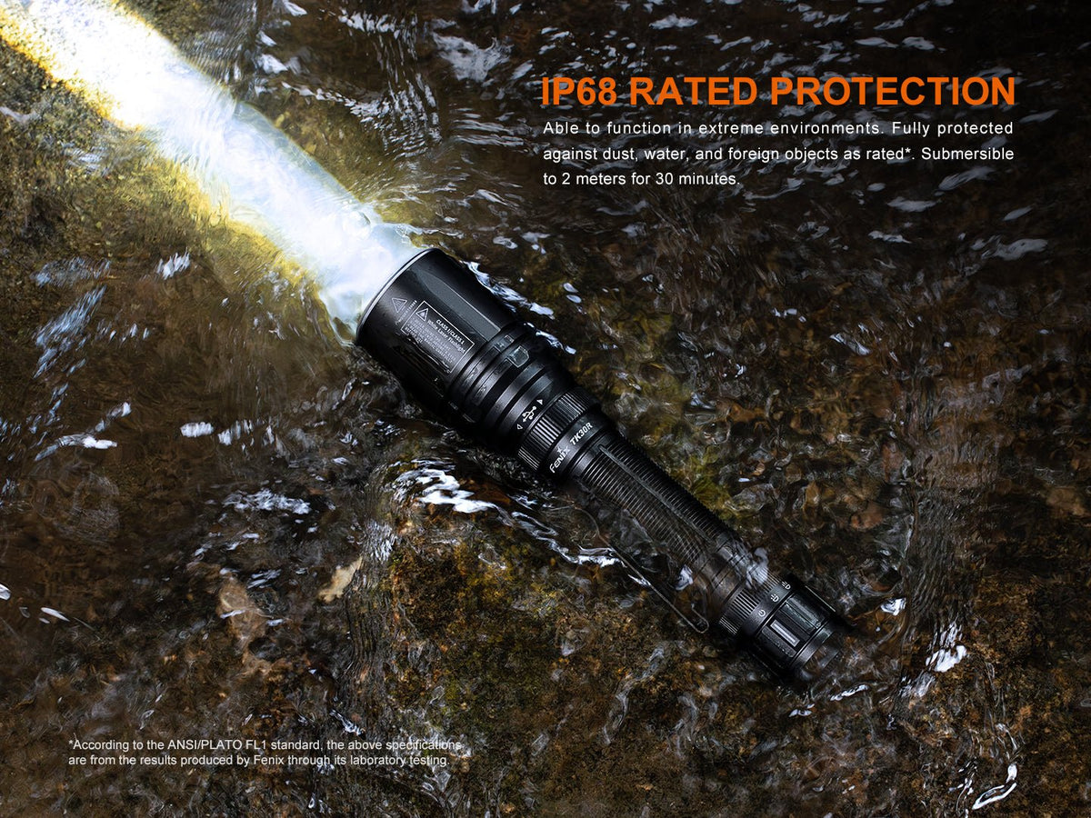Fenix TK30R Tactical White Laser Rechargeable Flashlight, black aluminum body in stream on Tampa Home & Garden Store