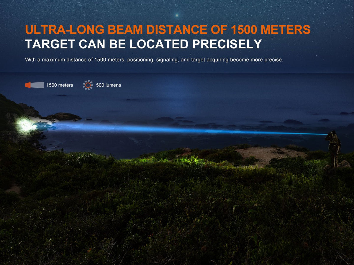 Fenix TK30R tactical flashlight banner showing 1500m beam across night coastal scene on Tampa Home & Garden Store