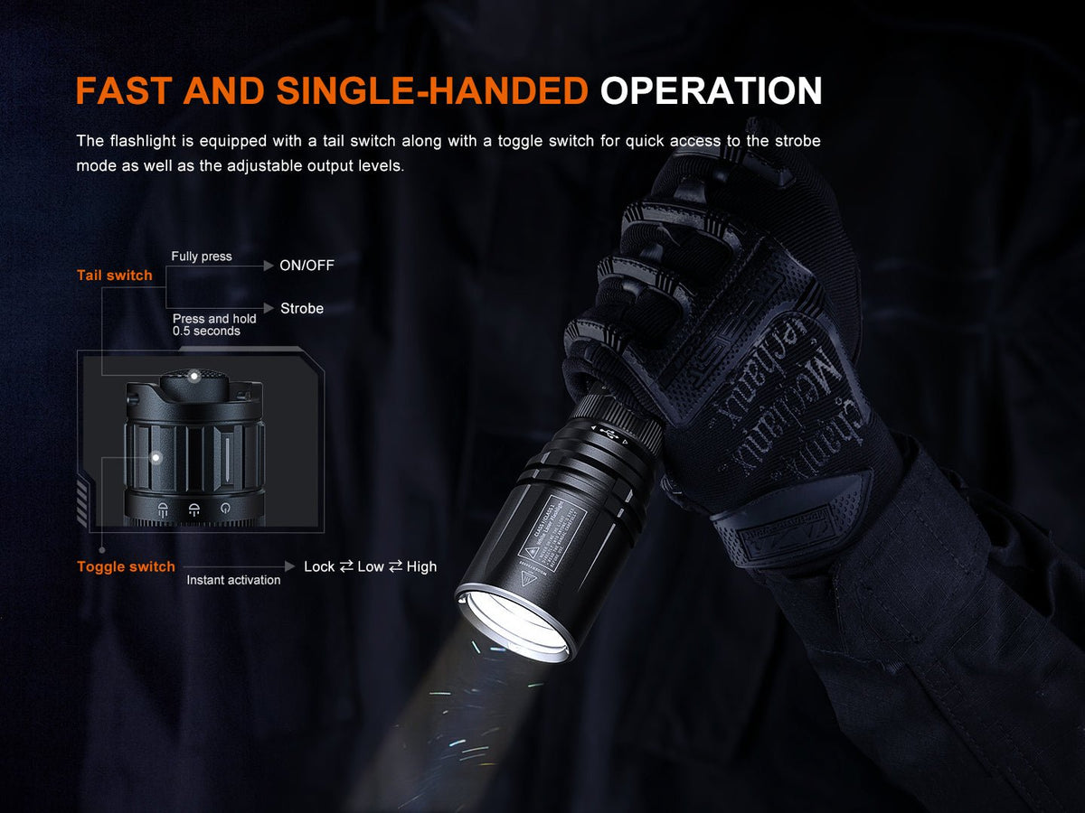 Fenix TK30R Tactical Flashlight with black aluminum body held in gloved hand on Tampa Home & Garden Store