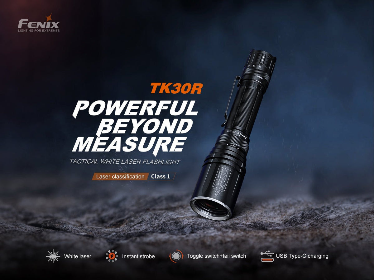 Fenix TK30R flashlight with white laser, black body, rechargeable by Fenix Store on Tampa Home & Garden Store