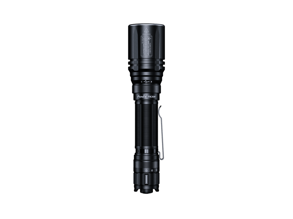 Fenix TK30R tactical flashlight with black aluminum body, white laser module, rechargeable on Tampa Home & Garden Store