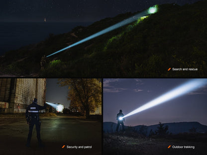 Fenix TK30R tactical flashlight emits bright white beam across night hills and scenes on Tampa Home & Garden Store