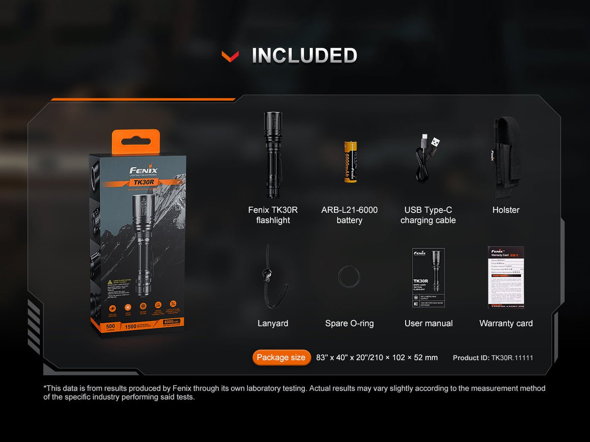 Fenix TK30R flashlight 8-item kit with battery and USB-C cable on Tampa Home & Garden Store