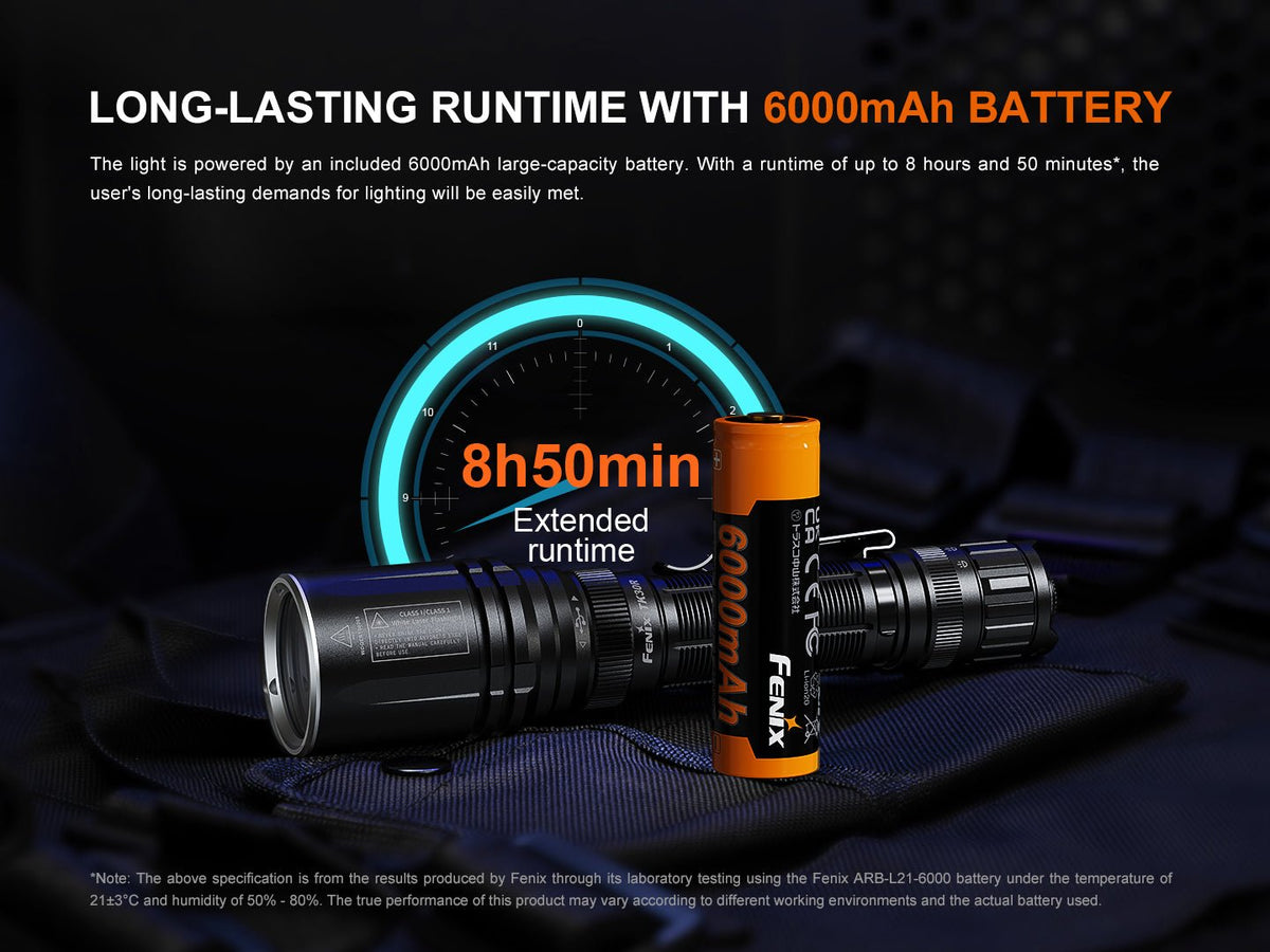 Fenix TK30R tactical flashlight with black body and orange 6000mAh battery, 8h50m runtime gauge on Tampa Home & Garden Store