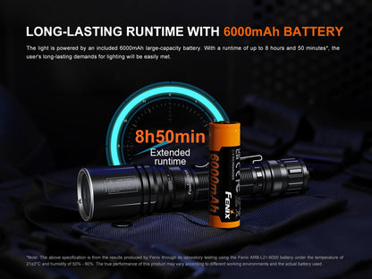 Fenix TK30R tactical flashlight with black body and orange 6000mAh battery, 8h50m runtime gauge on Tampa Home & Garden Store