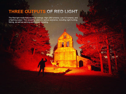 Fenix TK35R tactical flashlight red-light mode lights a night scene with chapel and red trees on Tampa Home & Garden Store