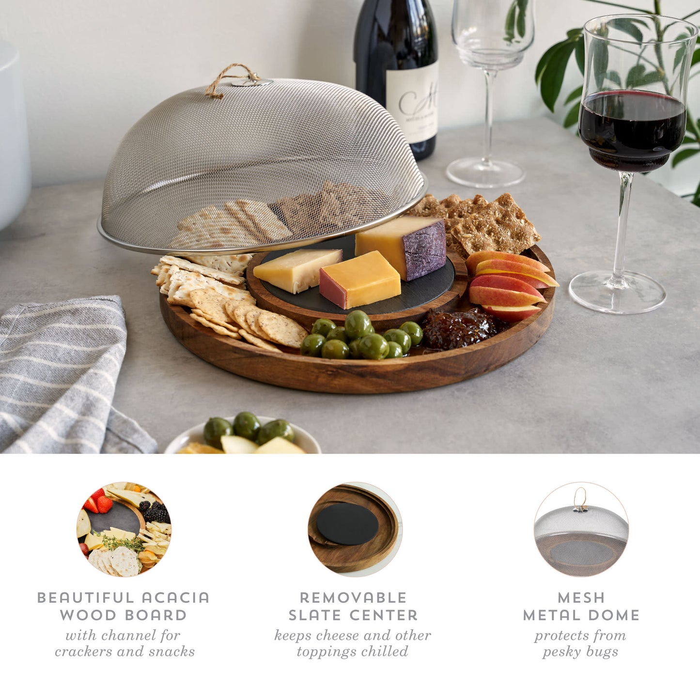 Slate and Acacia Cheese Board With Mesh Dome
