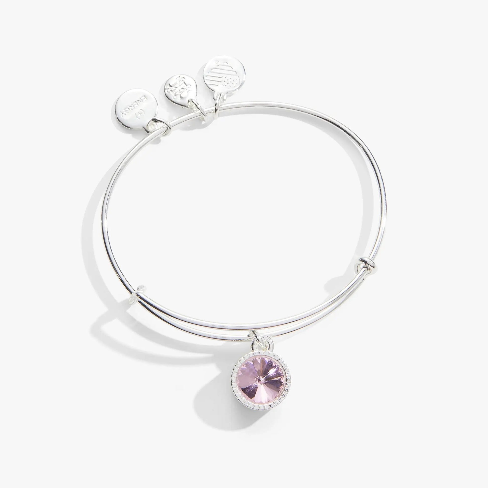 October Birthstone Charm Bangle ALEX AND ANI in silver with pink rose gemstone charm and charms on Tampa Home & Garden Store