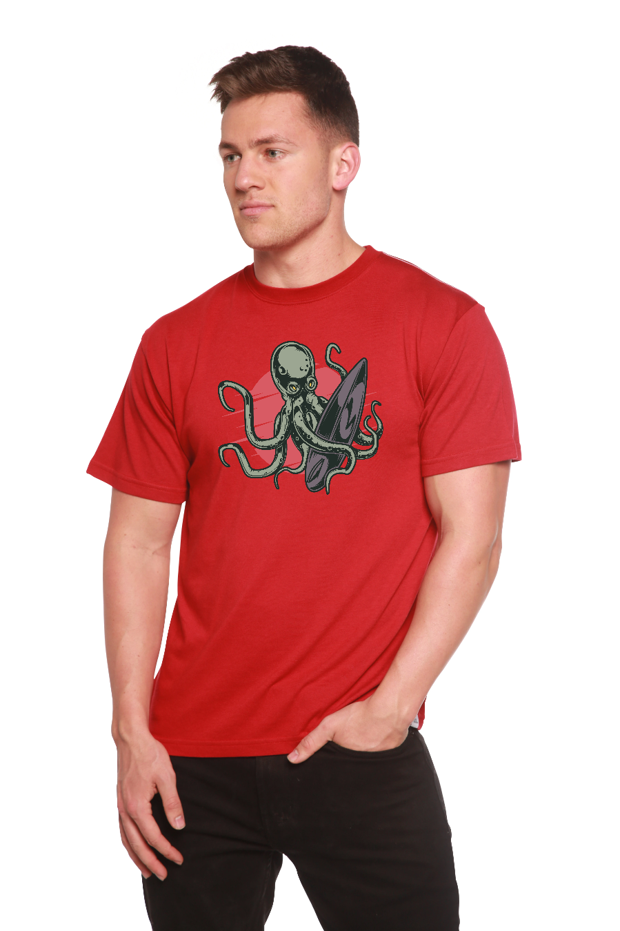 Octopus graphic men's t-shirt in red by Spun Bamboo bamboo viscose/organic cotton on Tampa Home & Garden Store